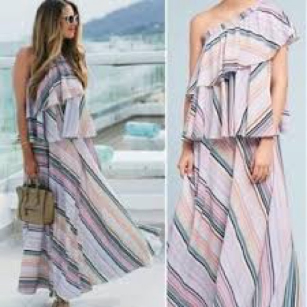 ANTHROPOLOGIE Guapa Rainbow Ruffled One-Shoulder Maxi Dress XS NWT